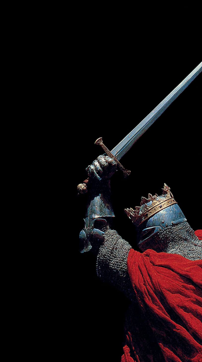 A knight in armor holding a sword in the air.